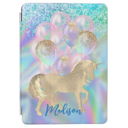 Cute iridescent glittery unicorn balloons monogram iPad air cover