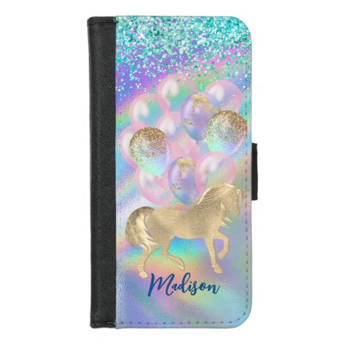 Cute iridescent glittery unicorn balloons monogram iPhone 87 wallet case