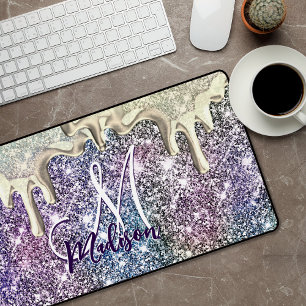Cute iridescent gold purple glitter drips monogram desk mat