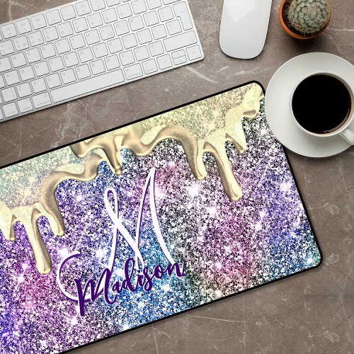Cute iridescent gold purple glitter drips monogram desk mat