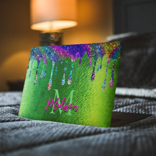 Cute iridescent green Glitter Drips monogram HP Laptop Skin