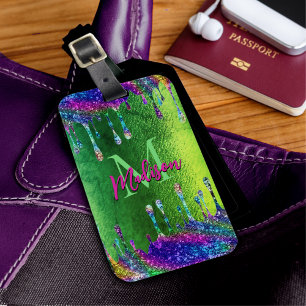 Cute iridescent green Glitter Drips monogram Luggage Tag
