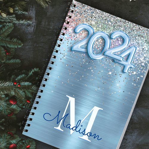Cute iridescent ice blue glitter 2024 monogram  notebook