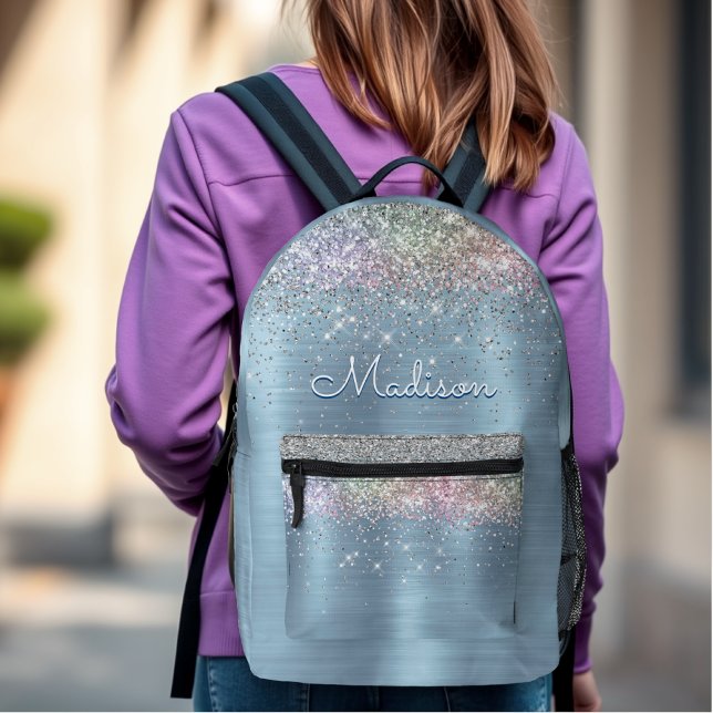 Cute iridescent ice blue glitter monogram  printed backpack (Creator Uploaded)