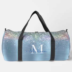 Cute iridescent ice blue glitter monogram  printed duffle bag