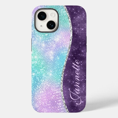 Cute Iridescent Lavender Faux Glitter Monogram Case_Mate iPhone 14 Case