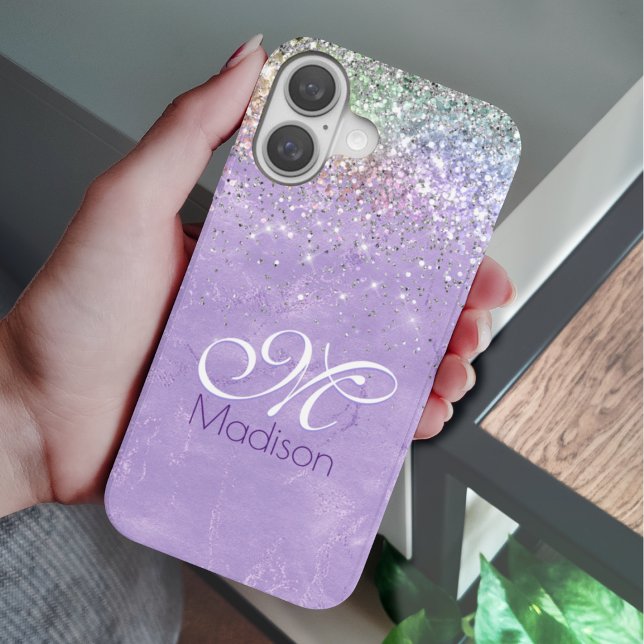 Cute Iridescent lilac purple faux glitter monogram Case-Mate iPhone Case (Creator Uploaded)
