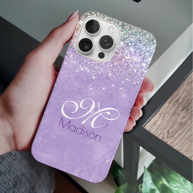 Cute Iridescent lilac purple faux glitter monogram Case-Mate iPhone Case (Creator Uploaded)