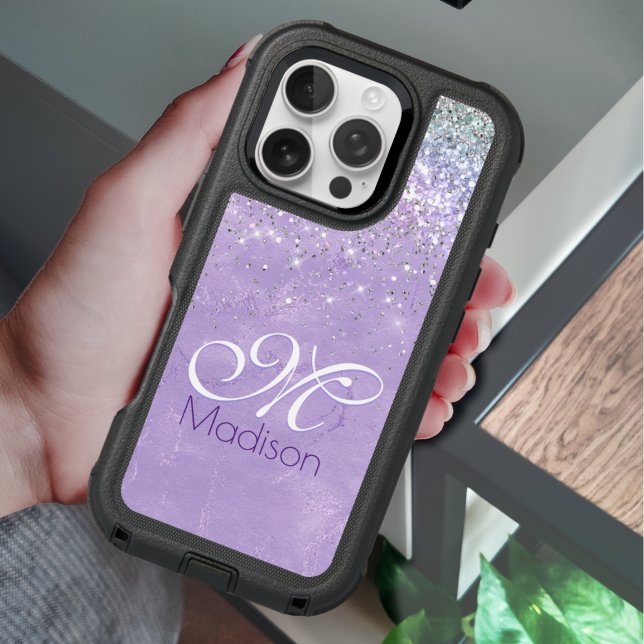 Cute Iridescent lilac purple faux glitter monogram Otterbox iPhone Case (Creator Uploaded)
