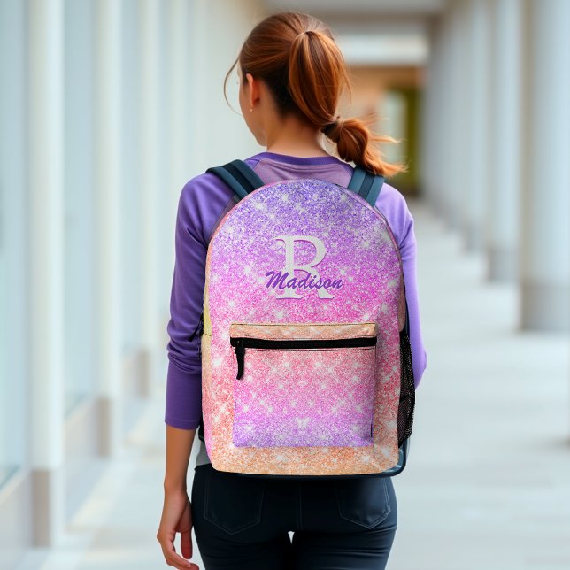 Cute iridescent ombre purple yellow faux glitter printed backpack (Creator Uploaded)