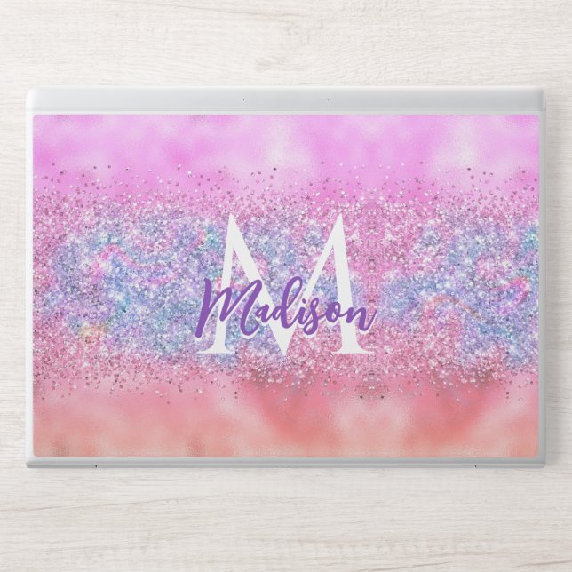 Cute iridescent ombre unicorn glitter monogram HP laptop skin (Front)