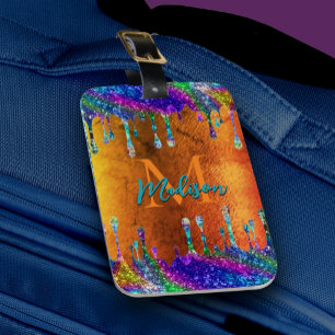 Cute iridescent orange Glitter Drips monogram Luggage Tag