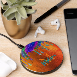 Cute iridescent orange Glitter Drips monogram Wireless Charger