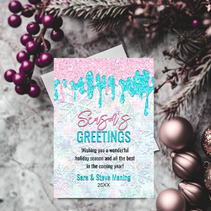 Cute iridescent pink aqua faux glitter Christmas Holiday Card