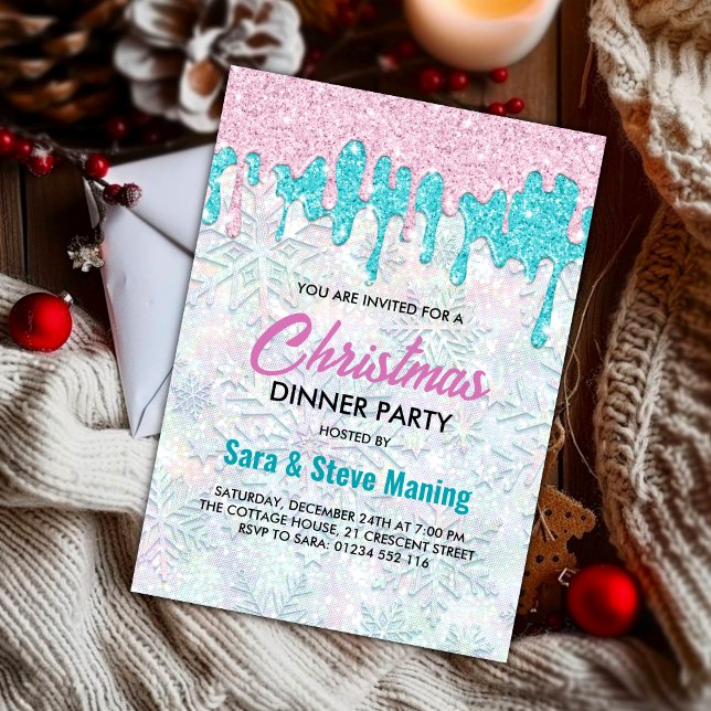 Cute iridescent pink aqua faux glitter Christmas  Invitation (Creator Uploaded)