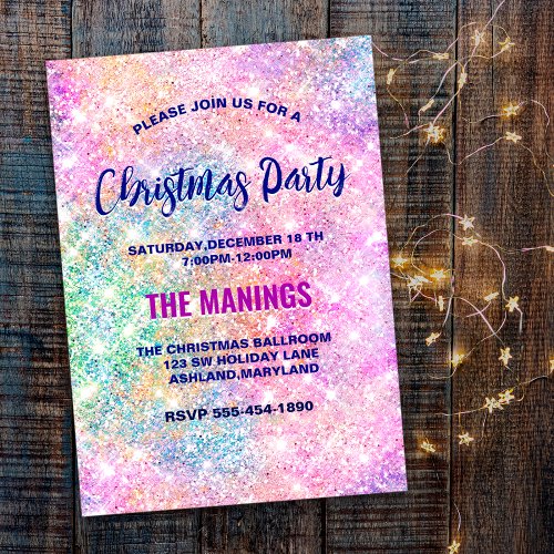 Cute iridescent pink faux glitter Christmas Invitation
