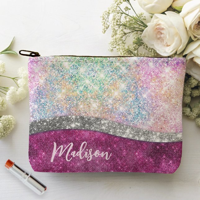 Cute iridescent pink silver faux glitter monogram accessory pouch (Creator Uploaded)