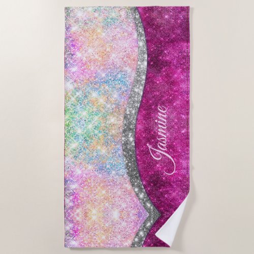 Cute iridescent pink silver faux glitter monogram beach towel