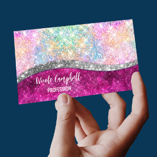 Cute iridescent pink silver faux glitter monogram business card magnet