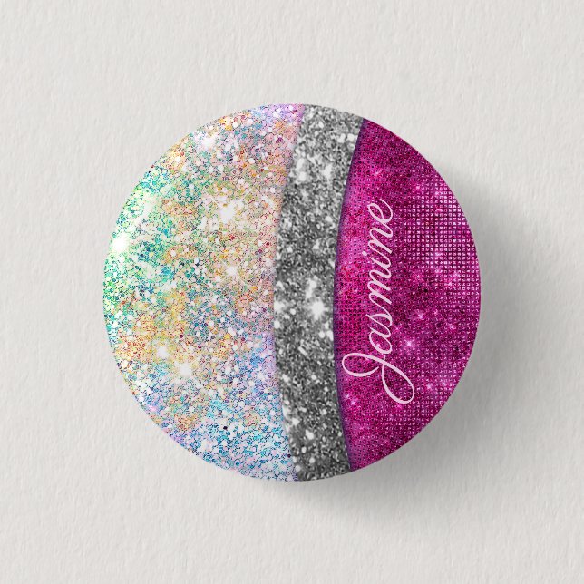 Cute iridescent pink silver faux glitter monogram button (Front)