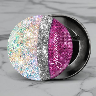 Cute iridescent pink silver faux glitter monogram button