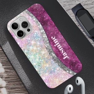 Cute iridescent pink silver faux glitter monogram iPhone 16 pro case