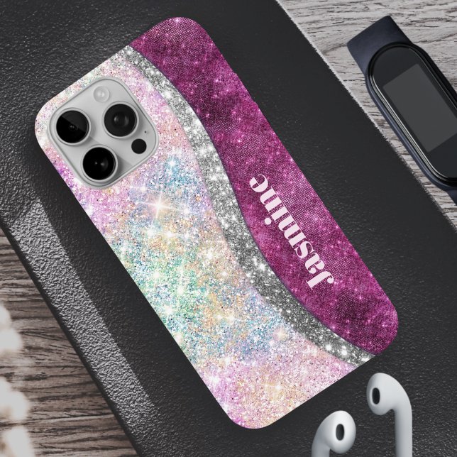 Cute iridescent pink silver faux glitter monogram Case-Mate iPhone case (Creator Uploaded)