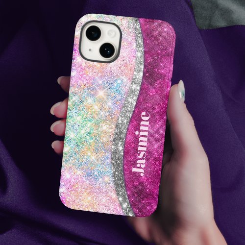 Cute iridescent pink silver faux glitter monogram iPhone 15 case