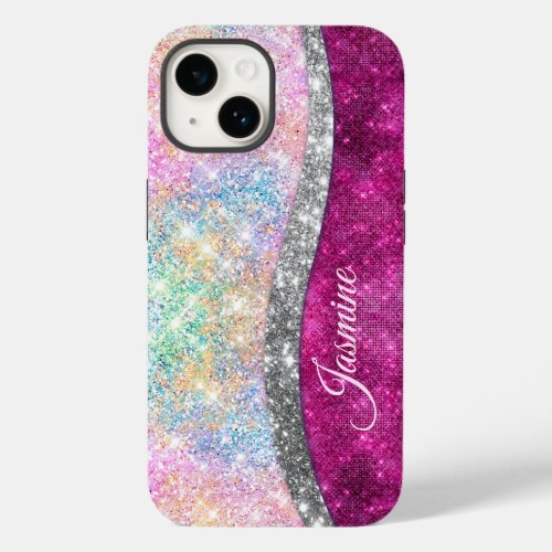 Cute iridescent pink silver faux glitter monogram Case_Mate iPhone 14 case
