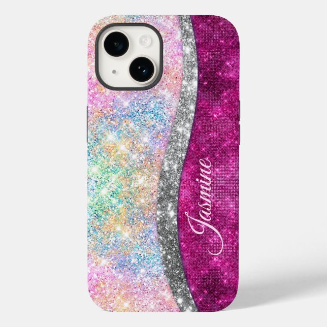 Cute iridescent pink silver faux glitter monogram Case-Mate iPhone case (Back)
