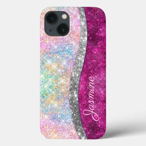 Cute iridescent pink silver faux glitter monogram iPhone 13 case