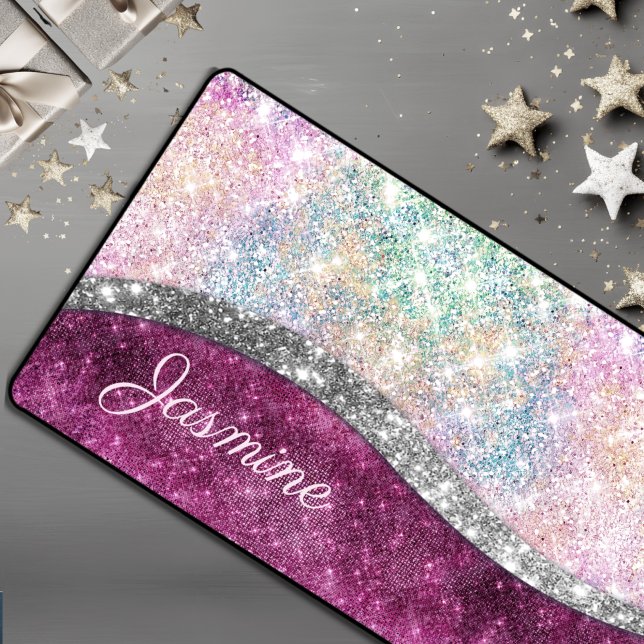 Cute iridescent pink silver faux glitter monogram desk mat (Creator Uploaded)