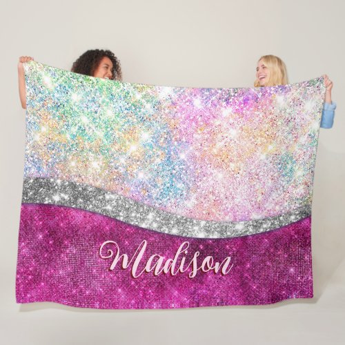 Cute iridescent pink silver faux glitter monogram fleece blanket