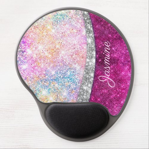Cute iridescent pink silver faux glitter monogram gel mouse pad