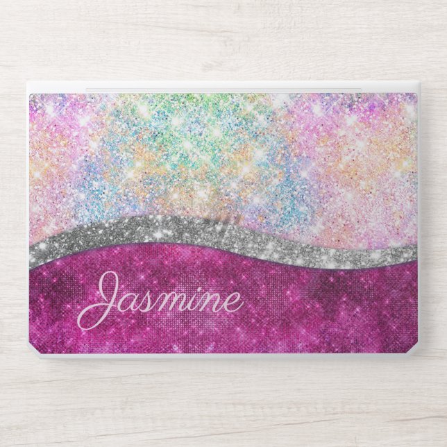 Cute iridescent pink silver faux glitter monogram HP laptop skin (Front)