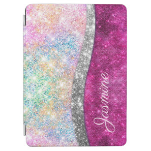 Cute iridescent pink silver faux glitter monogram iPad air cover