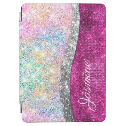 Cute iridescent pink silver faux glitter monogram iPad air cover