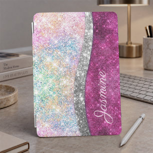 Cute iridescent pink silver faux glitter monogram  iPad mini cover
