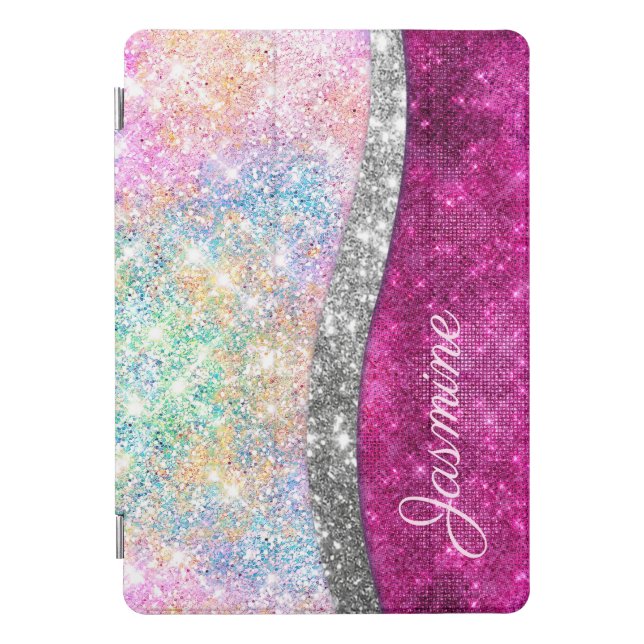 Cute iridescent pink silver faux glitter monogram  iPad mini cover (Front)