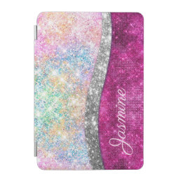 Cute iridescent pink silver faux glitter monogram  iPad mini cover