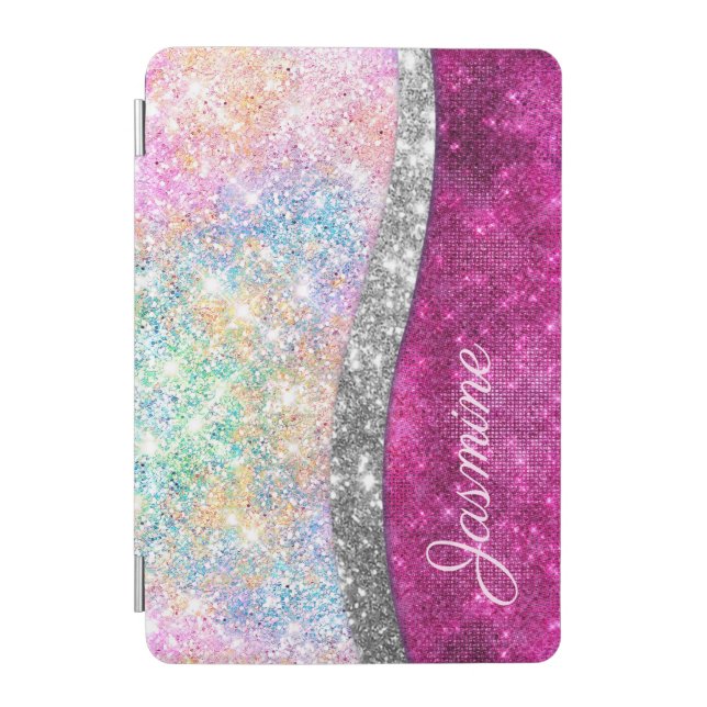 Cute iridescent pink silver faux glitter monogram  iPad mini cover (Front)