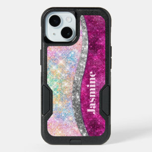 Cute iridescent pink silver faux glitter monogram iPhone 15 case