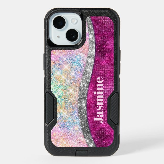 Cute iridescent pink silver faux glitter monogram iPhone 15 case (Back)