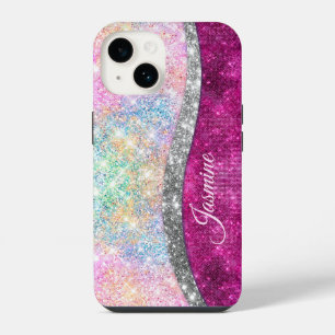 Cute iridescent pink silver faux glitter monogram iPhone 14 case