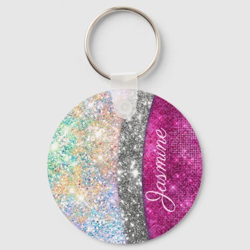 Cute iridescent pink silver faux glitter monogram keychain