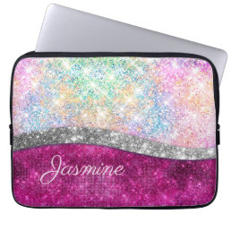 Cute iridescent pink silver faux glitter monogram laptop sleeve
