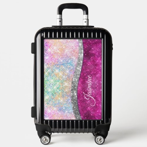 Cute iridescent pink silver faux glitter monogram luggage