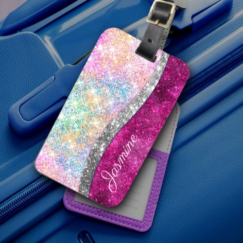 Cute iridescent pink silver faux glitter monogram luggage tag