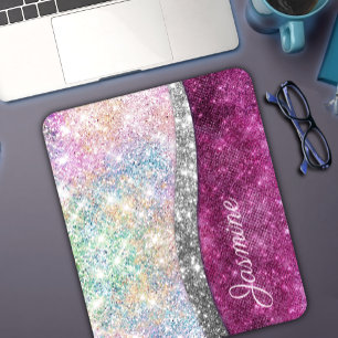 Cute iridescent pink silver faux glitter monogram mouse pad