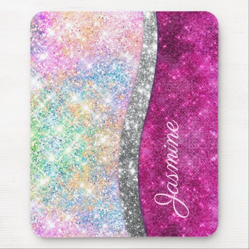 Cute iridescent pink silver faux glitter monogram mouse pad